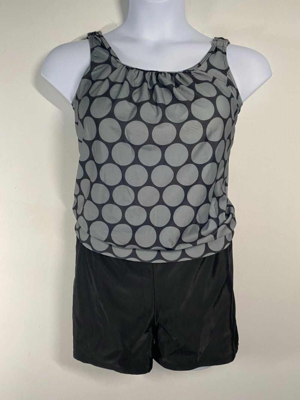 Polka Dot Tankini Swimsuit With Adjustable Straps & Black Shorts